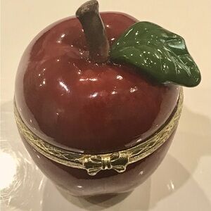 Vintage Apple Shaped Enameled Porcelain Treasure Box with Bras Trimmed Opening.